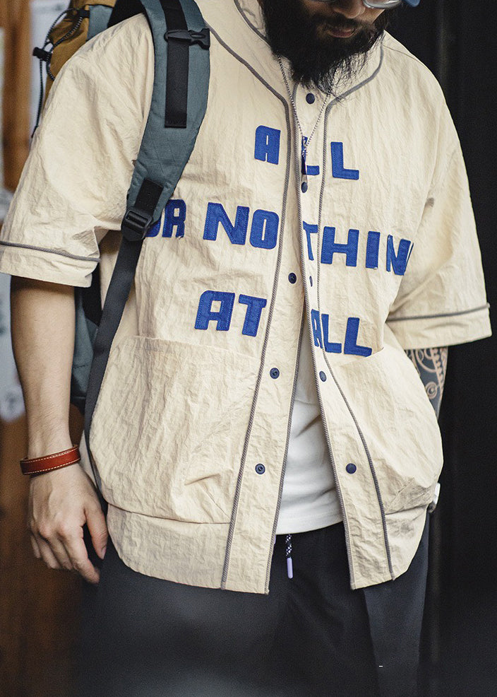 Plus Size Shirts Khaki Letter Half Button Men Cotton Sleeve Pockets