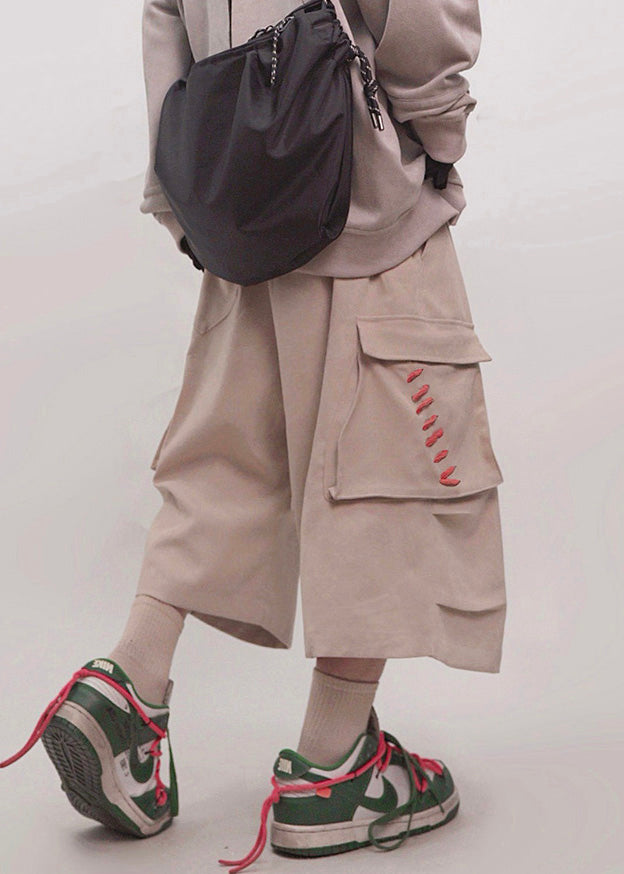 Elastic Khaki Plus Pockets Men Summer Crop Pants Waist Size Cotton