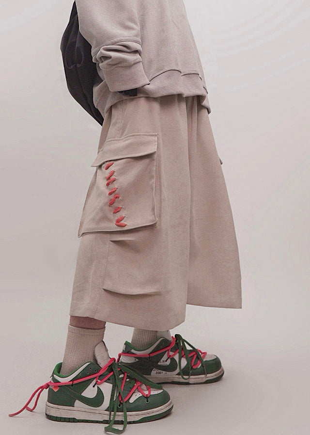 Elastic Khaki Plus Pockets Men Summer Crop Pants Waist Size Cotton