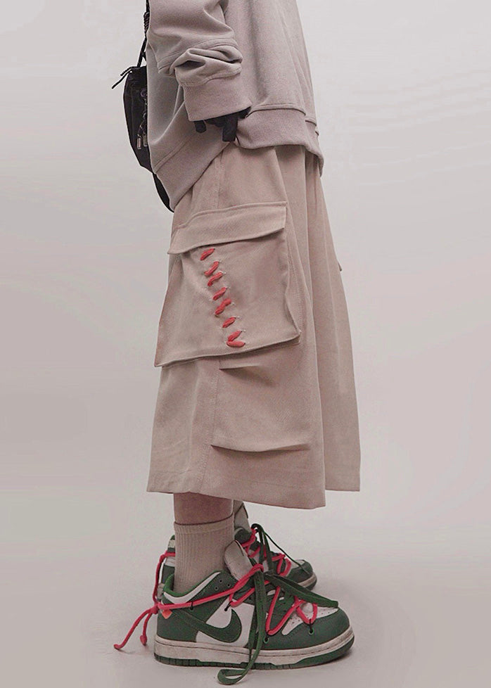 Elastic Khaki Plus Pockets Men Summer Crop Pants Waist Size Cotton