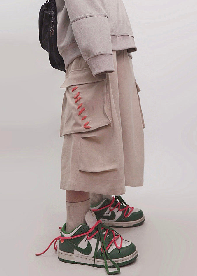 Elastic Khaki Plus Pockets Men Summer Crop Pants Waist Size Cotton