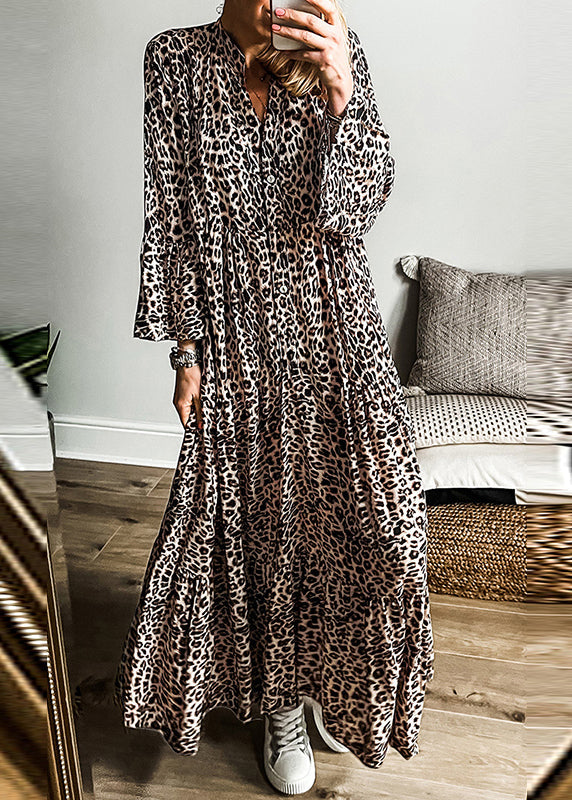Patchwork Fall Size Plus Neck Maxi V Leopard Dress
