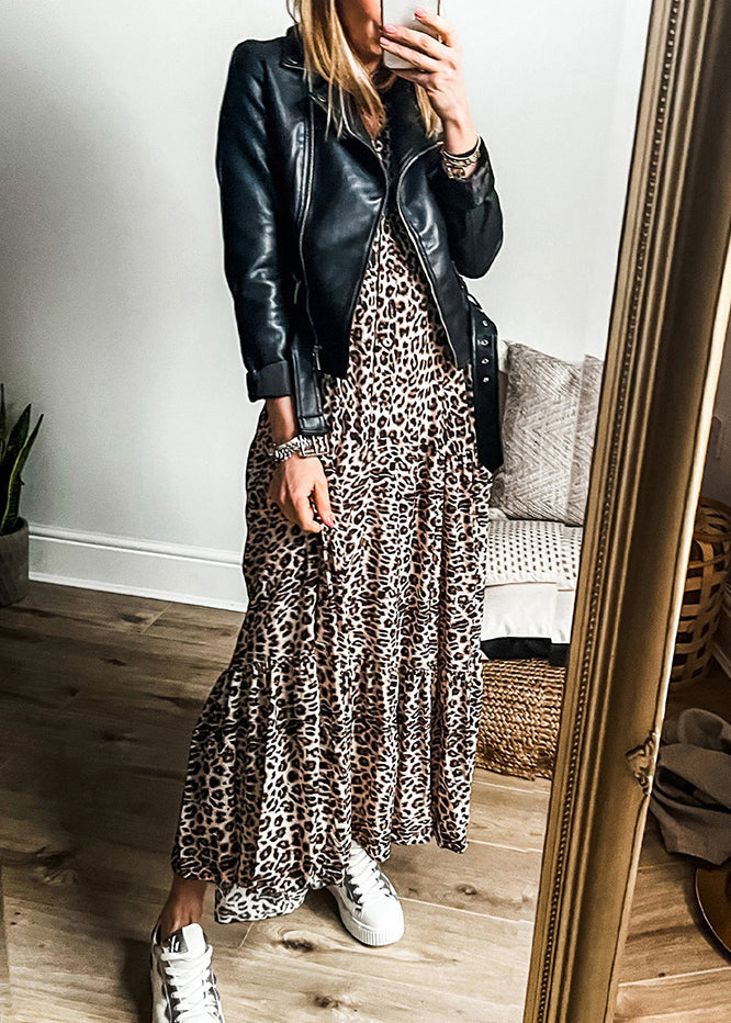 Patchwork Fall Size Plus Neck Maxi V Leopard Dress