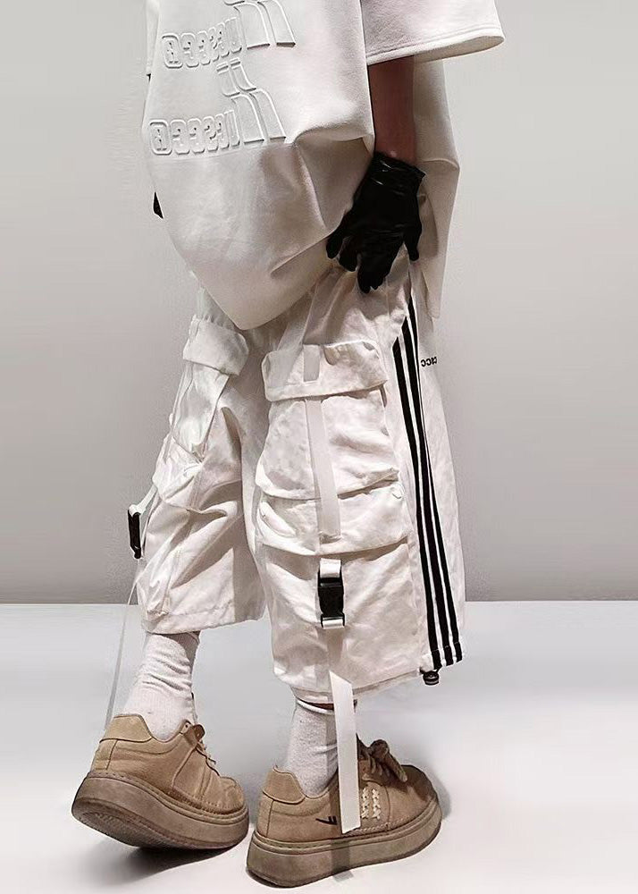 Size Men Plus Pockets Striped Shorts Cotton Summer White