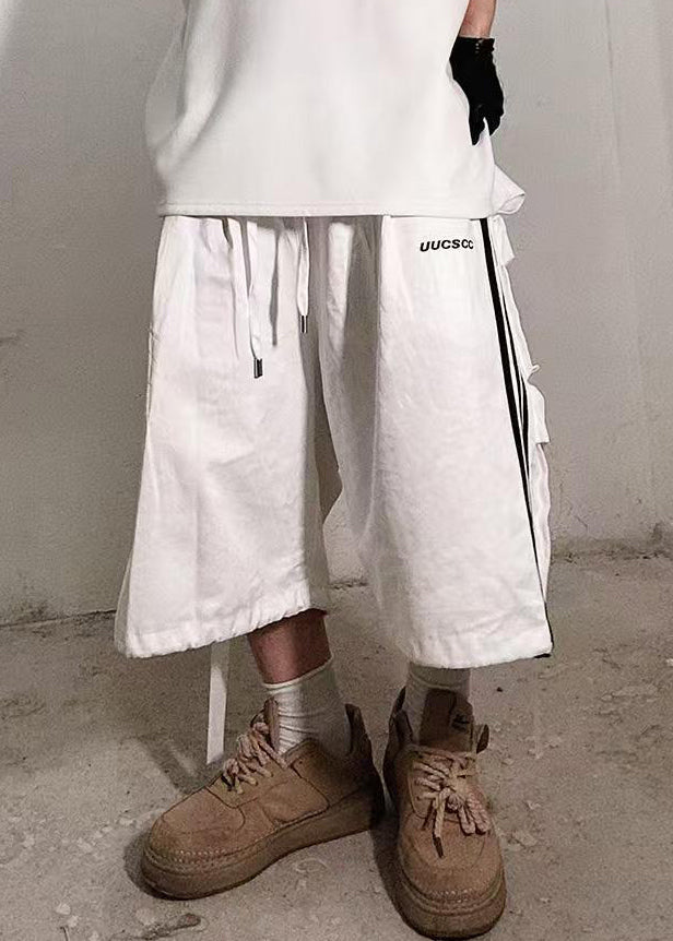 Size Men Plus Pockets Striped Shorts Cotton Summer White