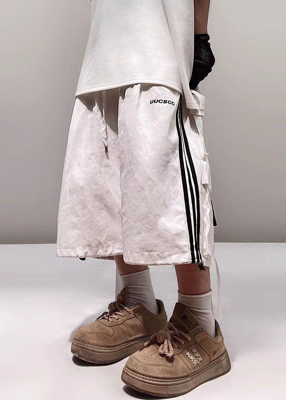 Size Men Plus Pockets Striped Shorts Cotton Summer White