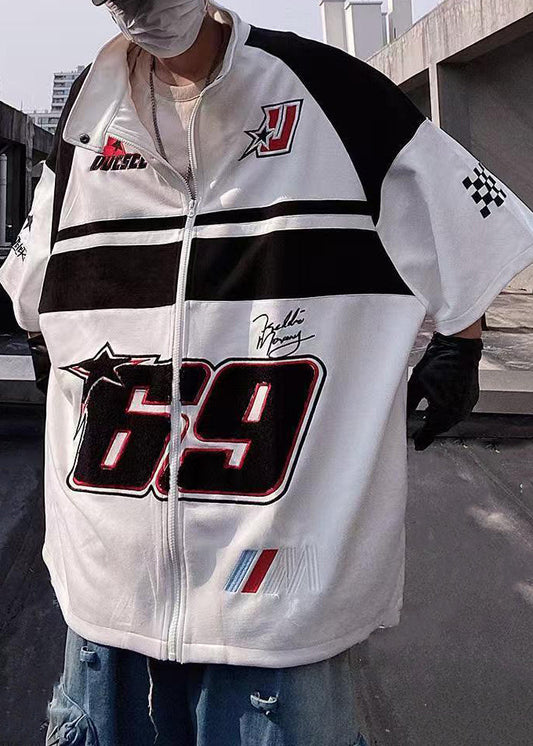 Mens Shirts Zip Half Print White Plus Sleeve Cotton T Up Size