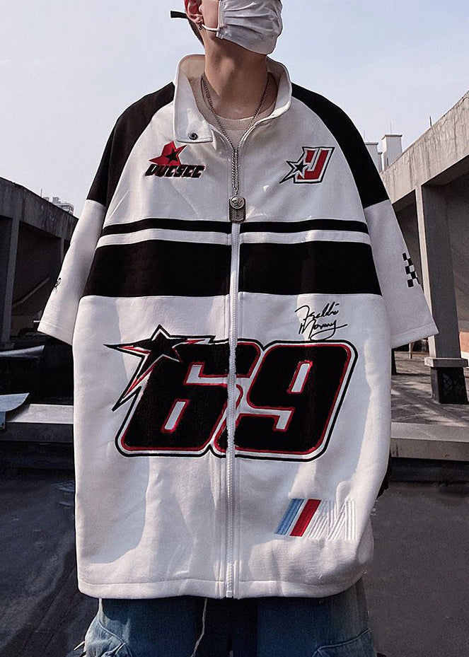 Mens Shirts Zip Half Print White Plus Sleeve Cotton T Up Size