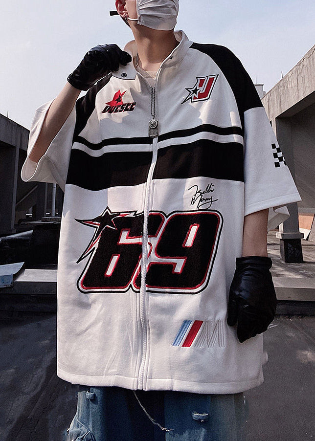 Mens Shirts Zip Half Print White Plus Sleeve Cotton T Up Size