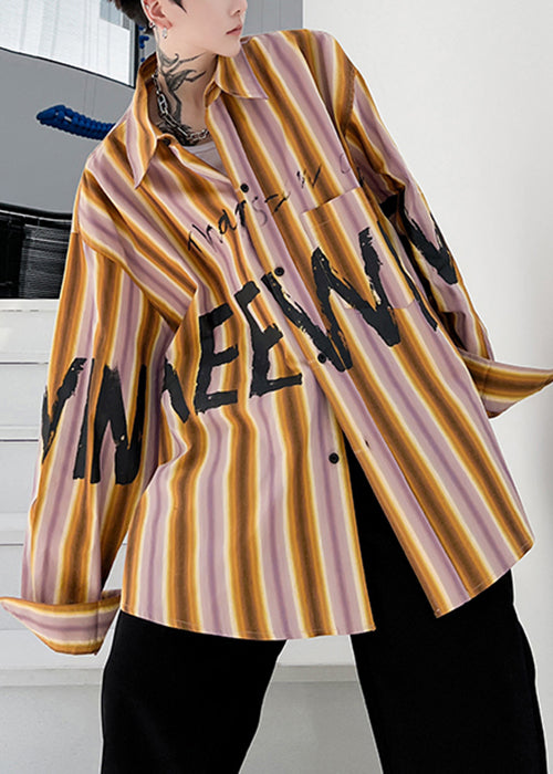 Design High Letter Low Striped Size Cotton Spring Yellow Shirt Plus Men