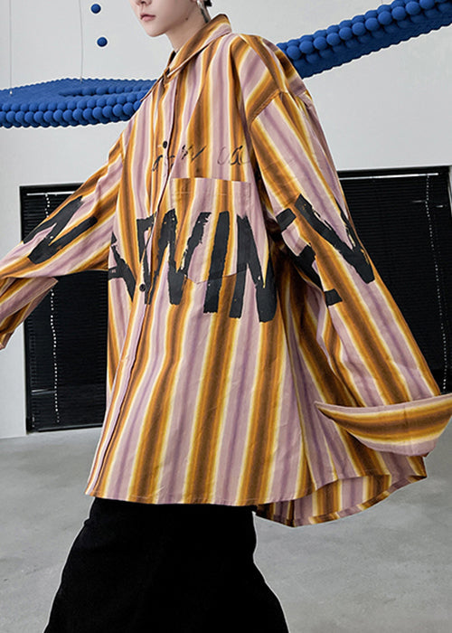 Design High Letter Low Striped Size Cotton Spring Yellow Shirt Plus Men