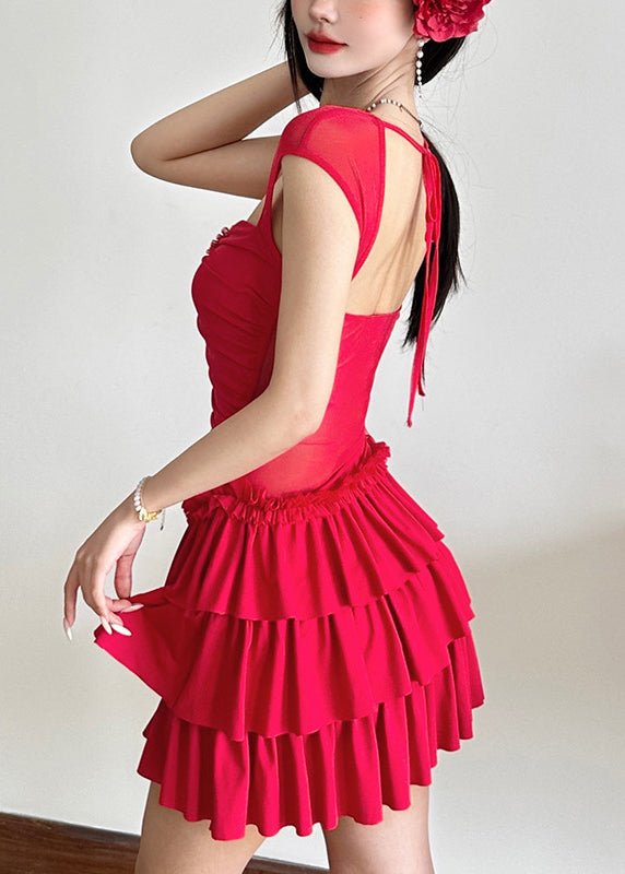 Mid Short Ruffled Sleeve Patchwork Dresses Red