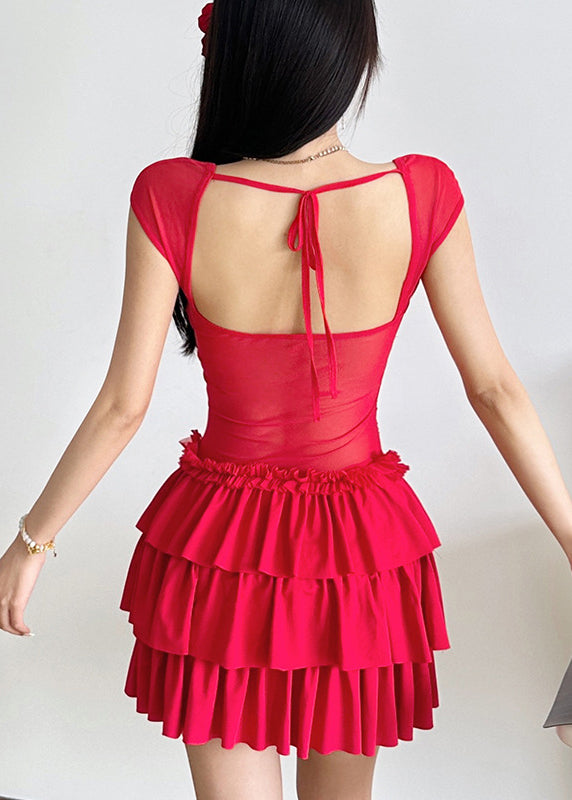 Mid Short Ruffled Sleeve Patchwork Dresses Red