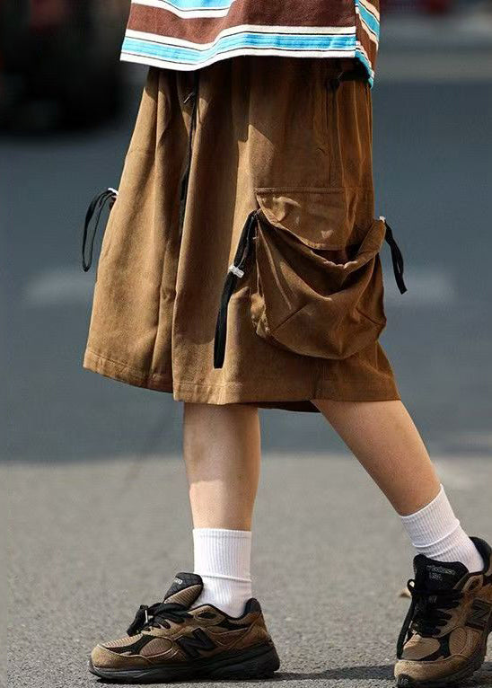 Retro Mens Shorts Summer Coffee Pockets Cotton Drawstring