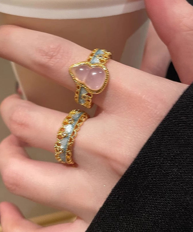 Silver Rings Retro Sterling Open Set Lace Gourds Two-Piece Overgild Gold