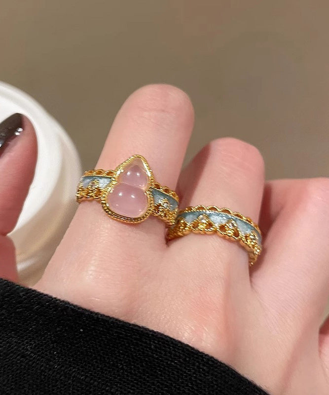 Silver Rings Retro Sterling Open Set Lace Gourds Two-Piece Overgild Gold