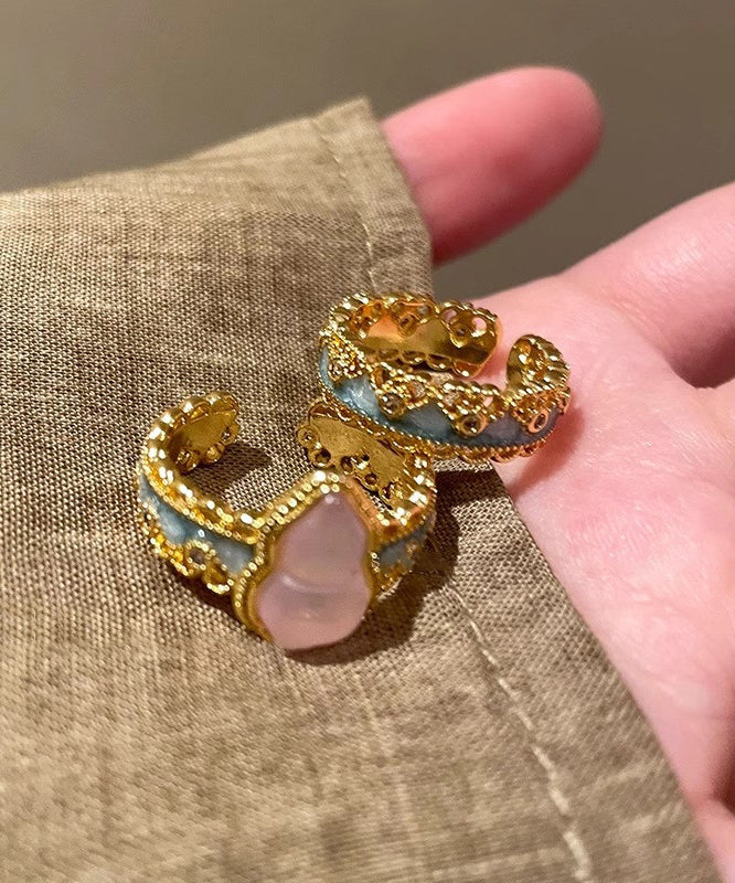 Silver Rings Retro Sterling Open Set Lace Gourds Two-Piece Overgild Gold