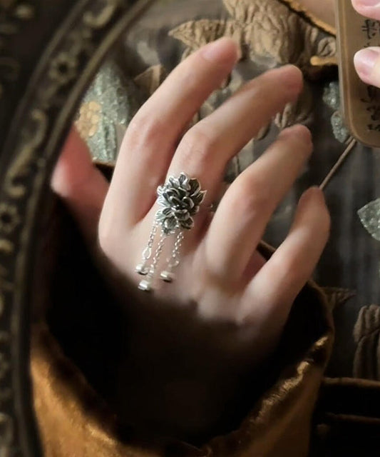 Peony Silk Rings Sterling Tassel Silver Retro