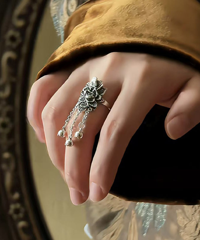 Peony Silk Rings Sterling Tassel Silver Retro