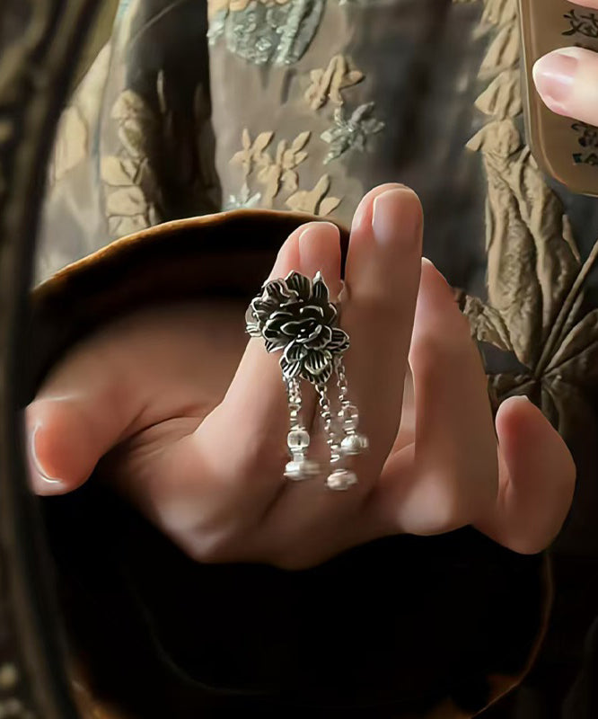 Peony Silk Rings Sterling Tassel Silver Retro