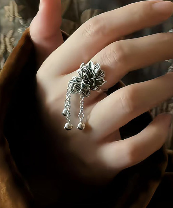 Peony Silk Rings Sterling Tassel Silver Retro