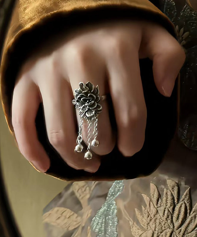 Peony Silk Rings Sterling Tassel Silver Retro