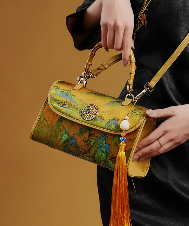 Bag Tote Retro Decorated Yellow Tassel Silk Print