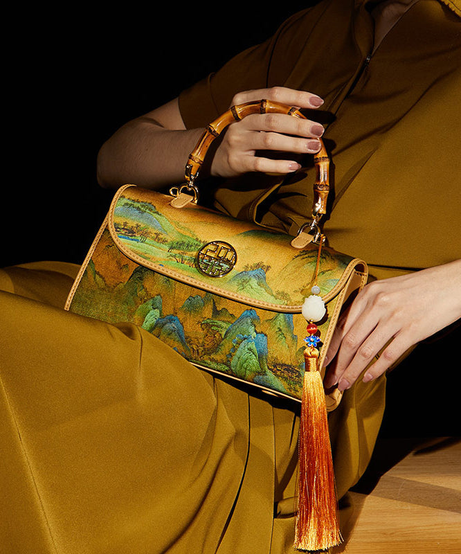 Bag Tote Retro Decorated Yellow Tassel Silk Print