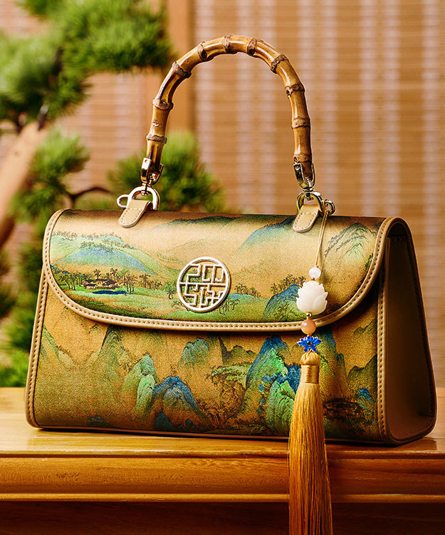 Bag Tote Retro Decorated Yellow Tassel Silk Print