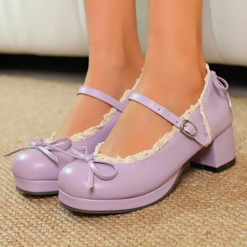 Round Pumps 32-50 Sweet Bowknot Shoes Toe - Heels