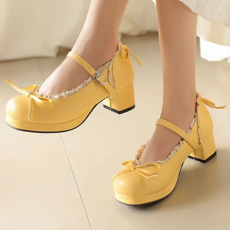 Round Pumps 32-50 Sweet Bowknot Shoes Toe - Heels