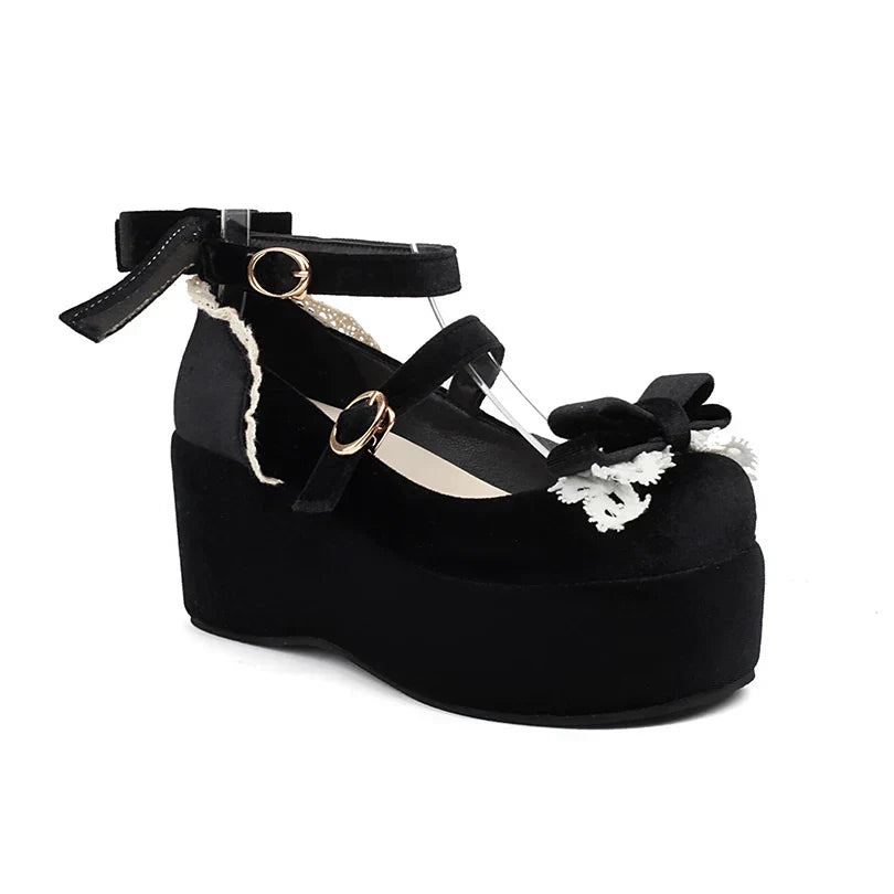 Sponge Shoes Cake Frosted Flock Heels Bow Lace 34-45 Lolita -
