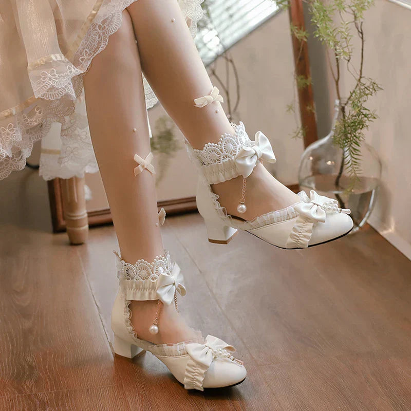 Shoes - Lace Pearl 34-39 Sweet Lolita Bow