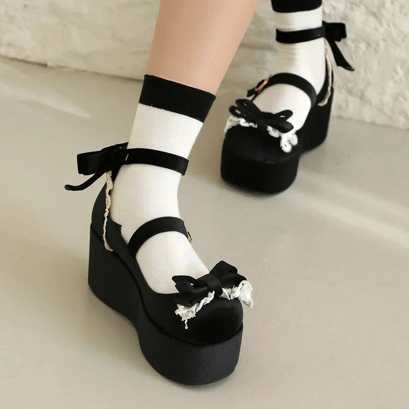 Sponge Shoes Cake Frosted Flock Heels Bow Lace 34-45 Lolita -