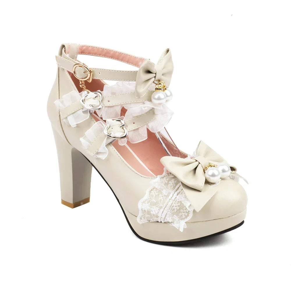 33-43 - Bow Shoes Heels Round Lolita Pearl Lace Head