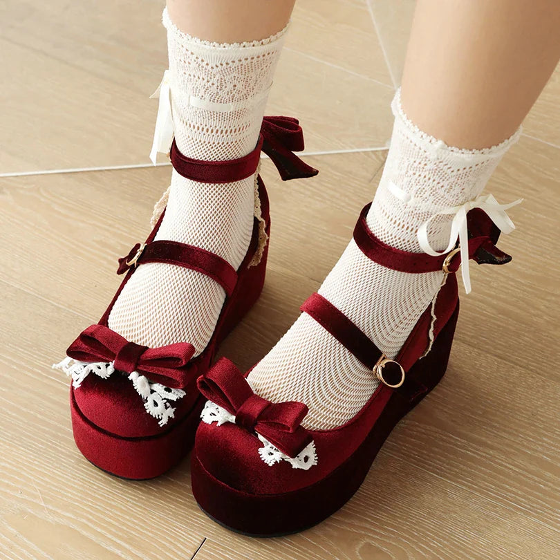 Sponge Shoes Cake Frosted Flock Heels Bow Lace 34-45 Lolita -