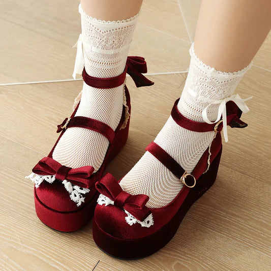 Sponge Shoes Cake Frosted Flock Heels Bow Lace 34-45 Lolita -