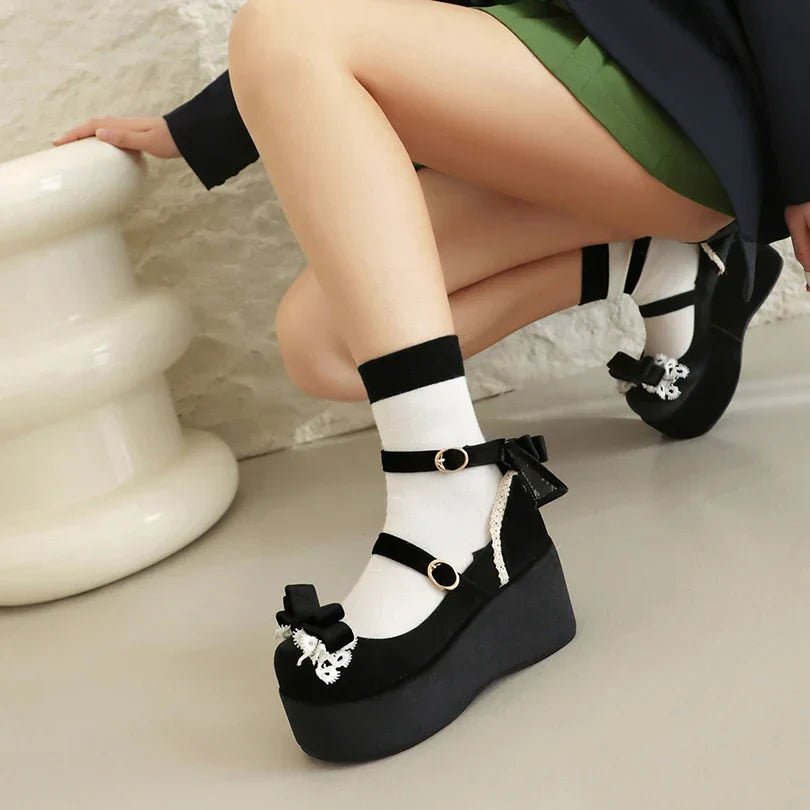 Sponge Shoes Cake Frosted Flock Heels Bow Lace 34-45 Lolita -