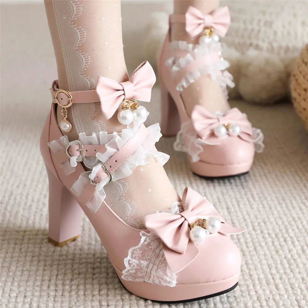 33-43 - Bow Shoes Heels Round Lolita Pearl Lace Head