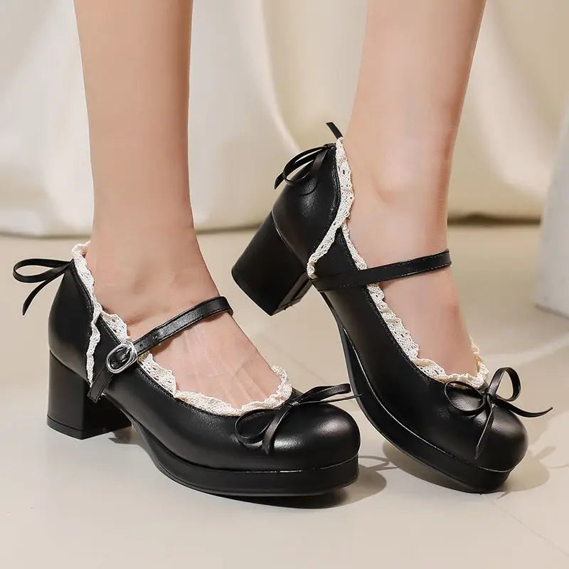 Round Pumps 32-50 Sweet Bowknot Shoes Toe - Heels