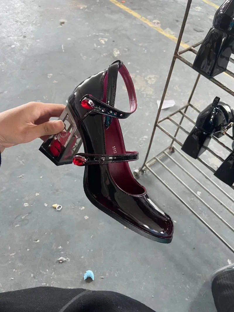 Wine Rose - 35-43 Shoes Red Elegant Block Jane Heel Mary