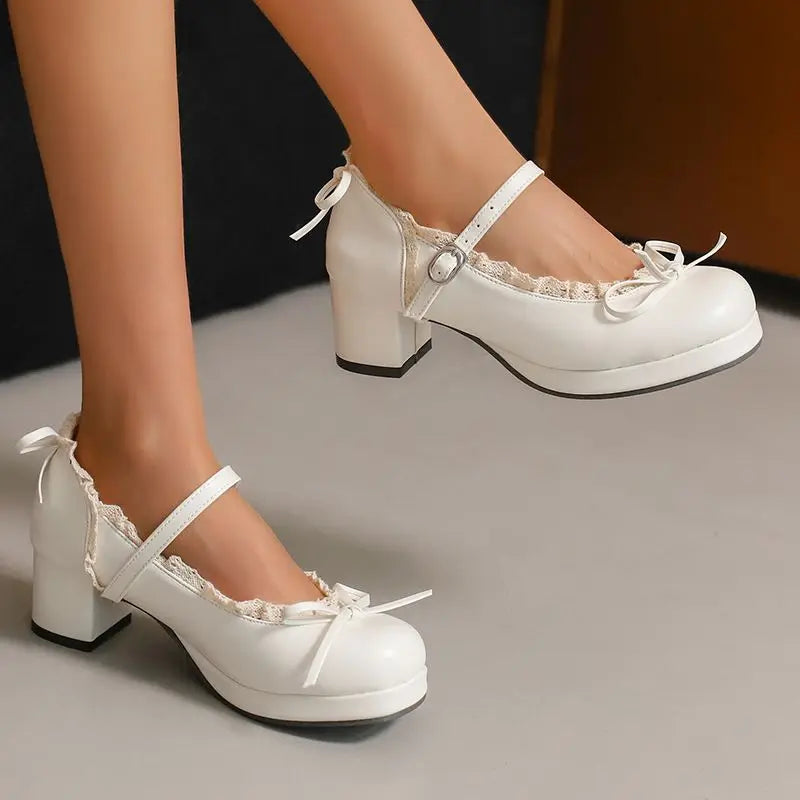 Round Pumps 32-50 Sweet Bowknot Shoes Toe - Heels