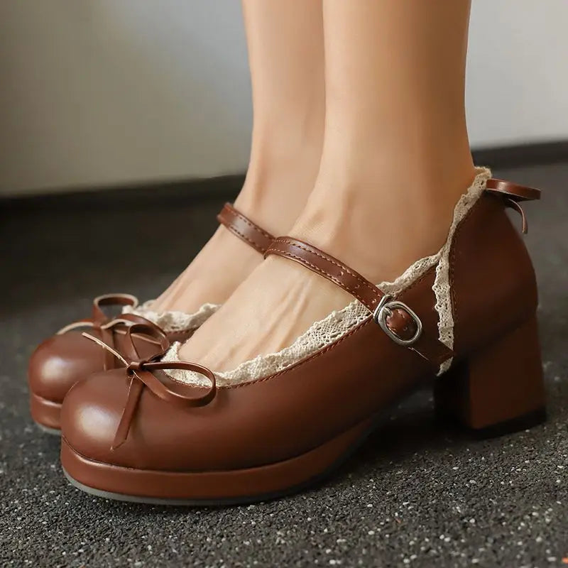Round Pumps 32-50 Sweet Bowknot Shoes Toe - Heels