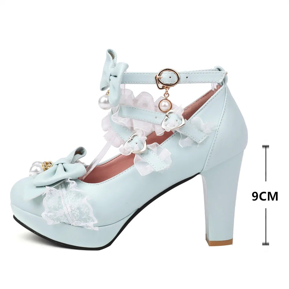 33-43 - Bow Shoes Heels Round Lolita Pearl Lace Head