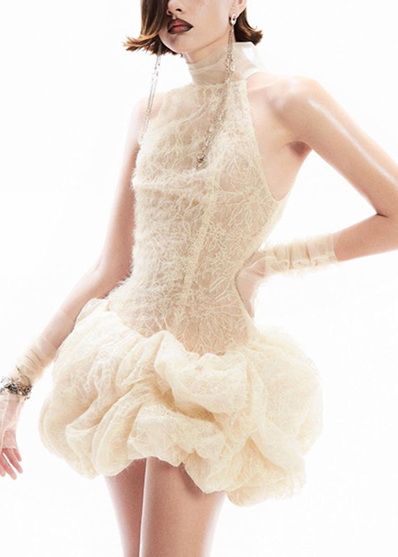 Patchwork Dress Sleeveless Mid Lace Turtleneck Sexy Apricot