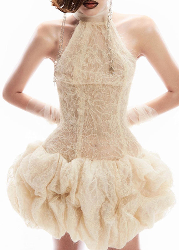 Patchwork Dress Sleeveless Mid Lace Turtleneck Sexy Apricot