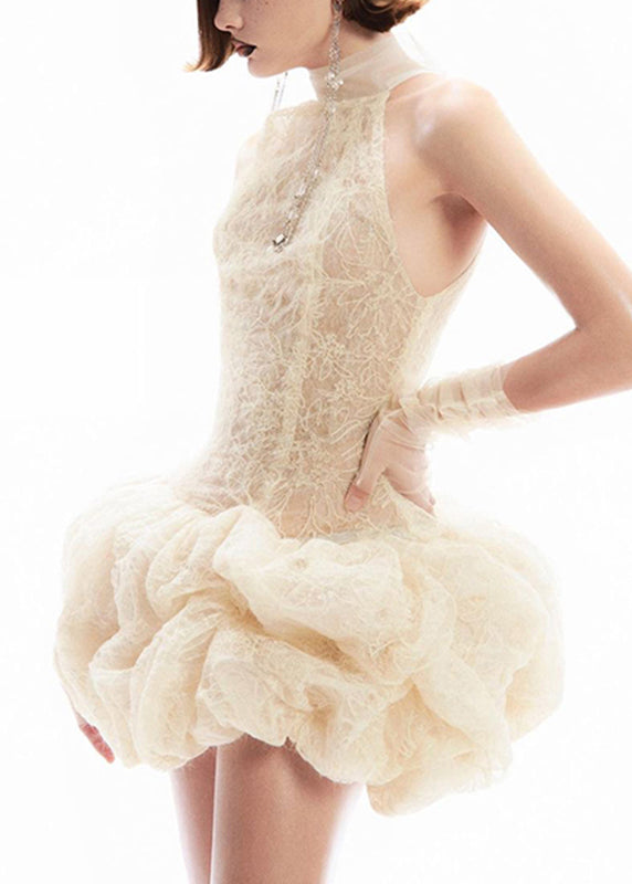 Patchwork Dress Sleeveless Mid Lace Turtleneck Sexy Apricot