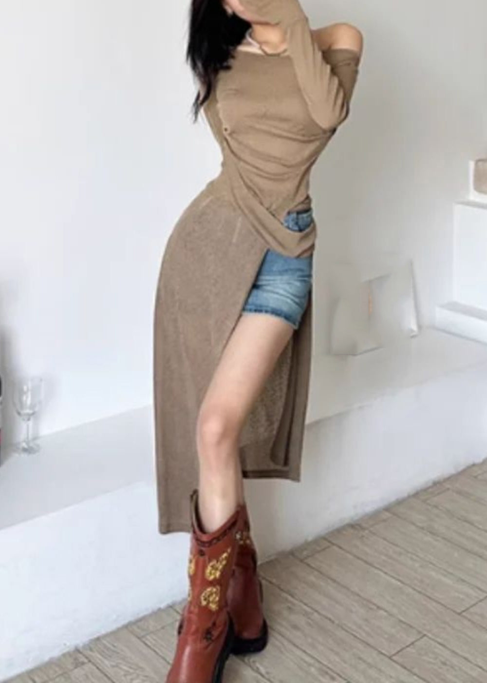 Asymmetrical Maxi Open Side One Dresses Sexy Silk Brown Shoulder