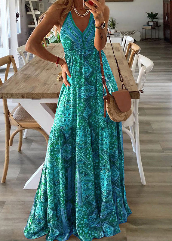 Holiday Long Green Print Dress Strap Sexy V Spaghetti Neck Sleeveless