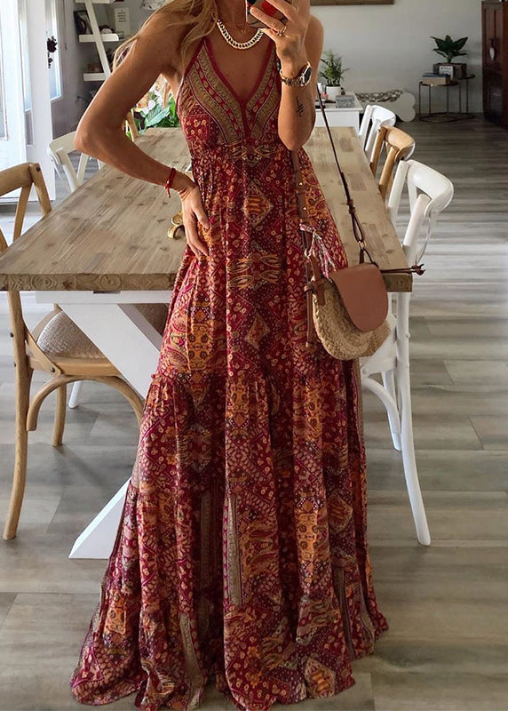 Holiday Long Green Print Dress Strap Sexy V Spaghetti Neck Sleeveless